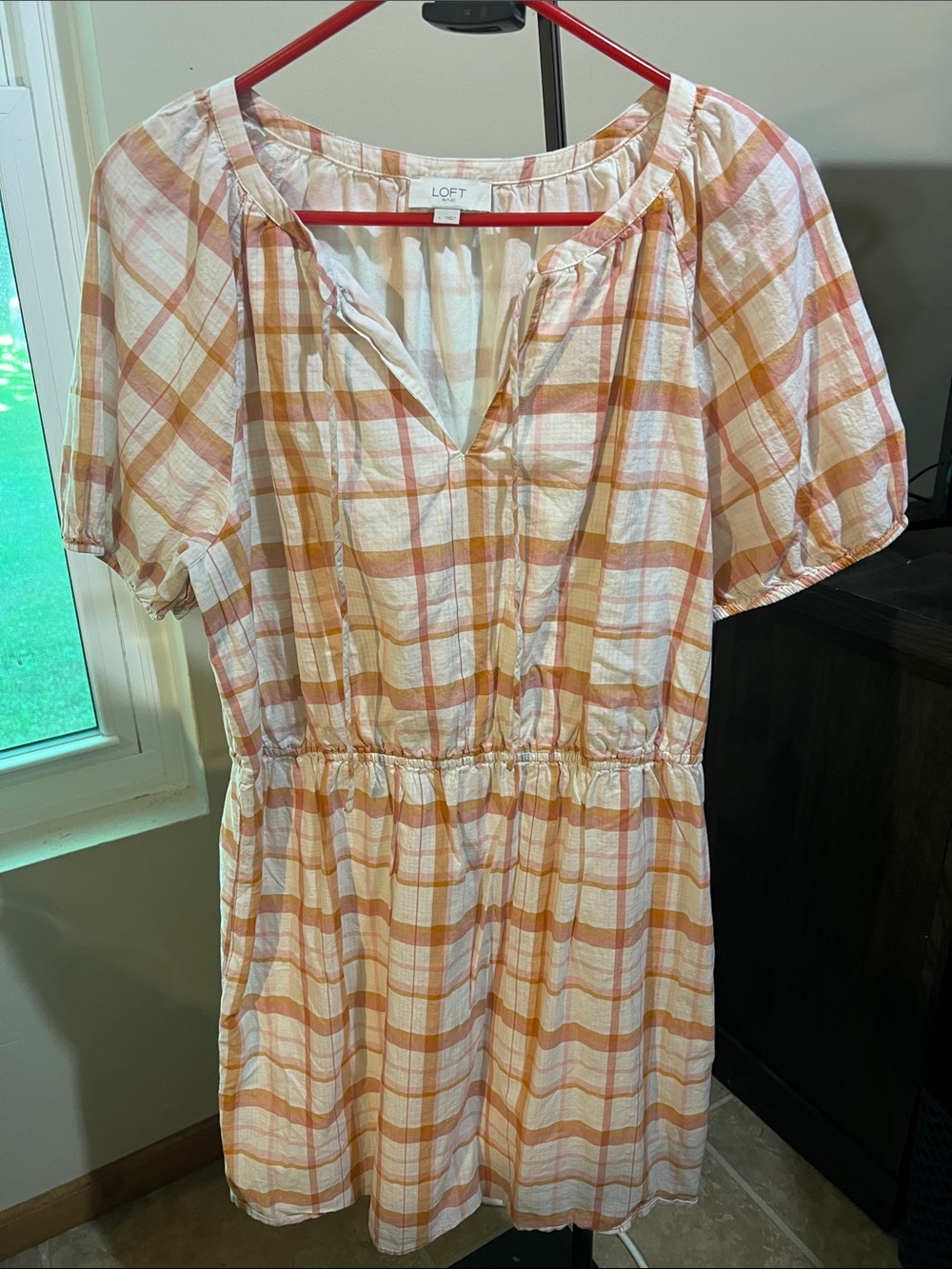 LOFT Peach and White Plaid Short Sleeve Mini Dress 2273